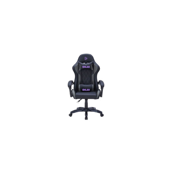Fauteuil gaming ONLAN / Gamium Altar (finition PU diamant, accoudoirs fixes, vérin classe 3, coussins tête et lombaires) – noir/gris/violet – vue 1