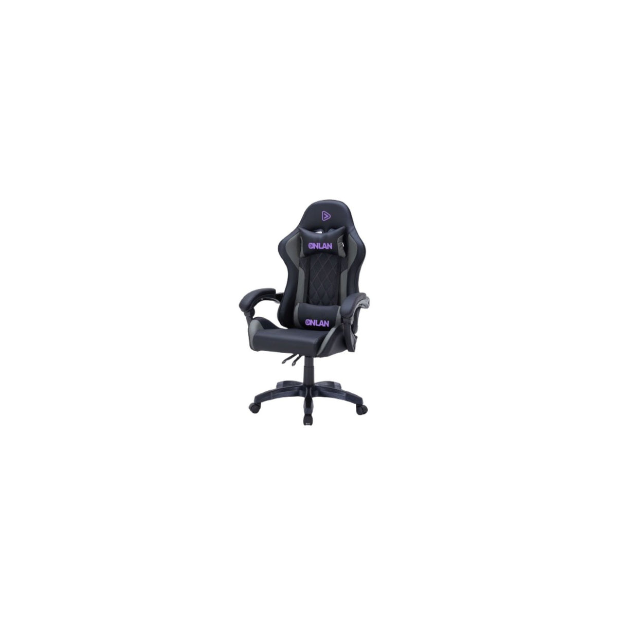 Fauteuil gaming ONLAN / Gamium Altar (finition PU diamant, accoudoirs fixes, vérin classe 3, coussins tête et lombaires) – noir/gris/violet – vue 2