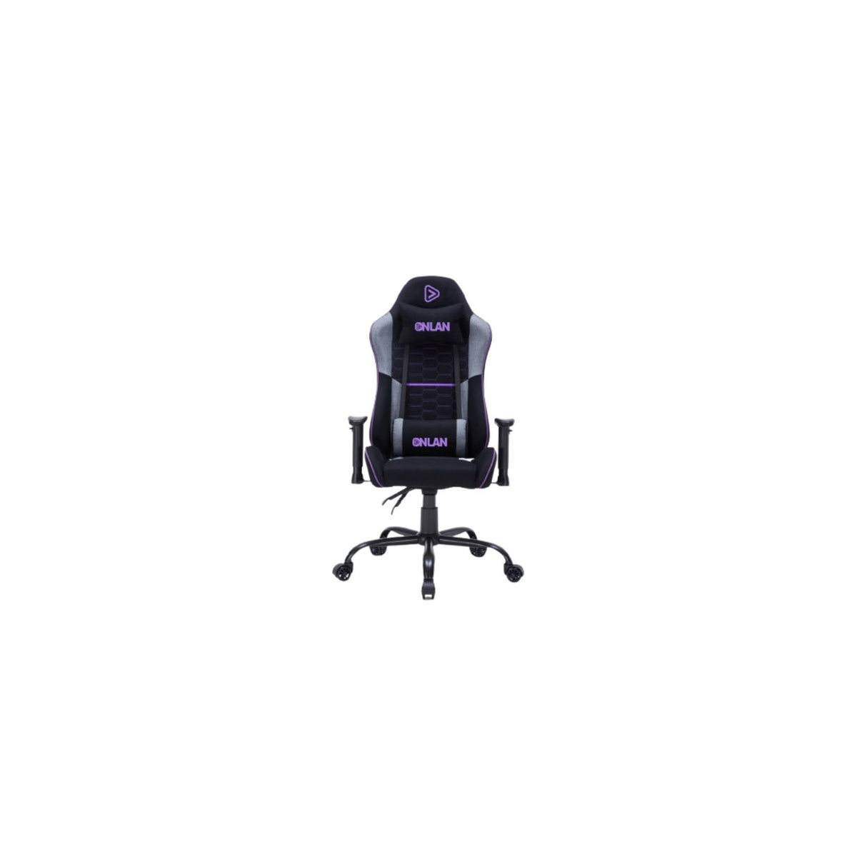 Fauteuil gaming ONLAN / Gamium Nyros (finition tissu nid d'abeille, accoudoirs réglables, vérin classe 3, coussins tête et lombaires) – noir/gris/violet – vue 1