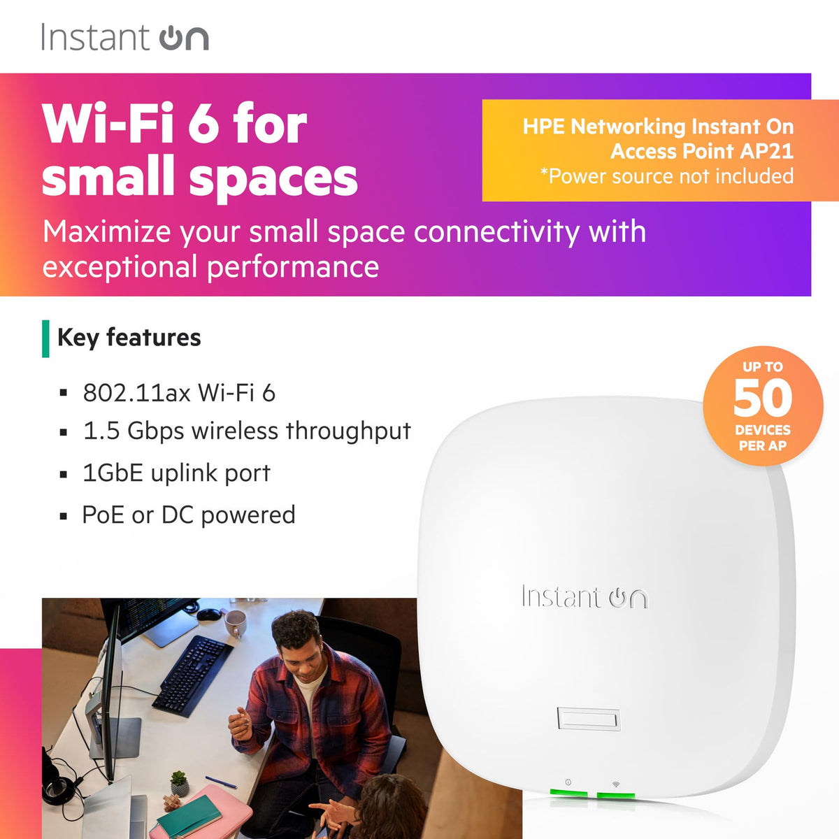 Point d'accès Wi-Fi 6 HPE Aruba Instant On AP21 (RW) 2×2, 1 200 Mbit/s, PoE (S1T09A) – vue 3