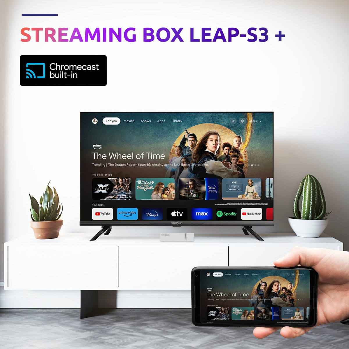 Box TV Android Google TV STRONG LEAP-S3+ v2 4K UHD (Ethernet, Wi-Fi, USB) – blanc – vue 3