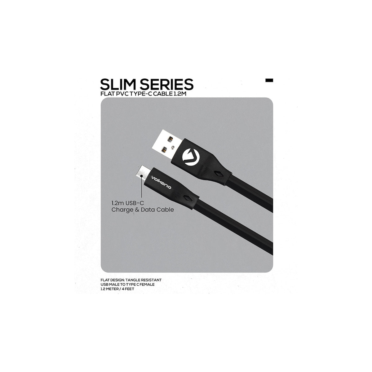 Câble plat USB-A vers USB-C Volkano Slim Series – 1,2 m noir (VK-20085-BK) – vue 3