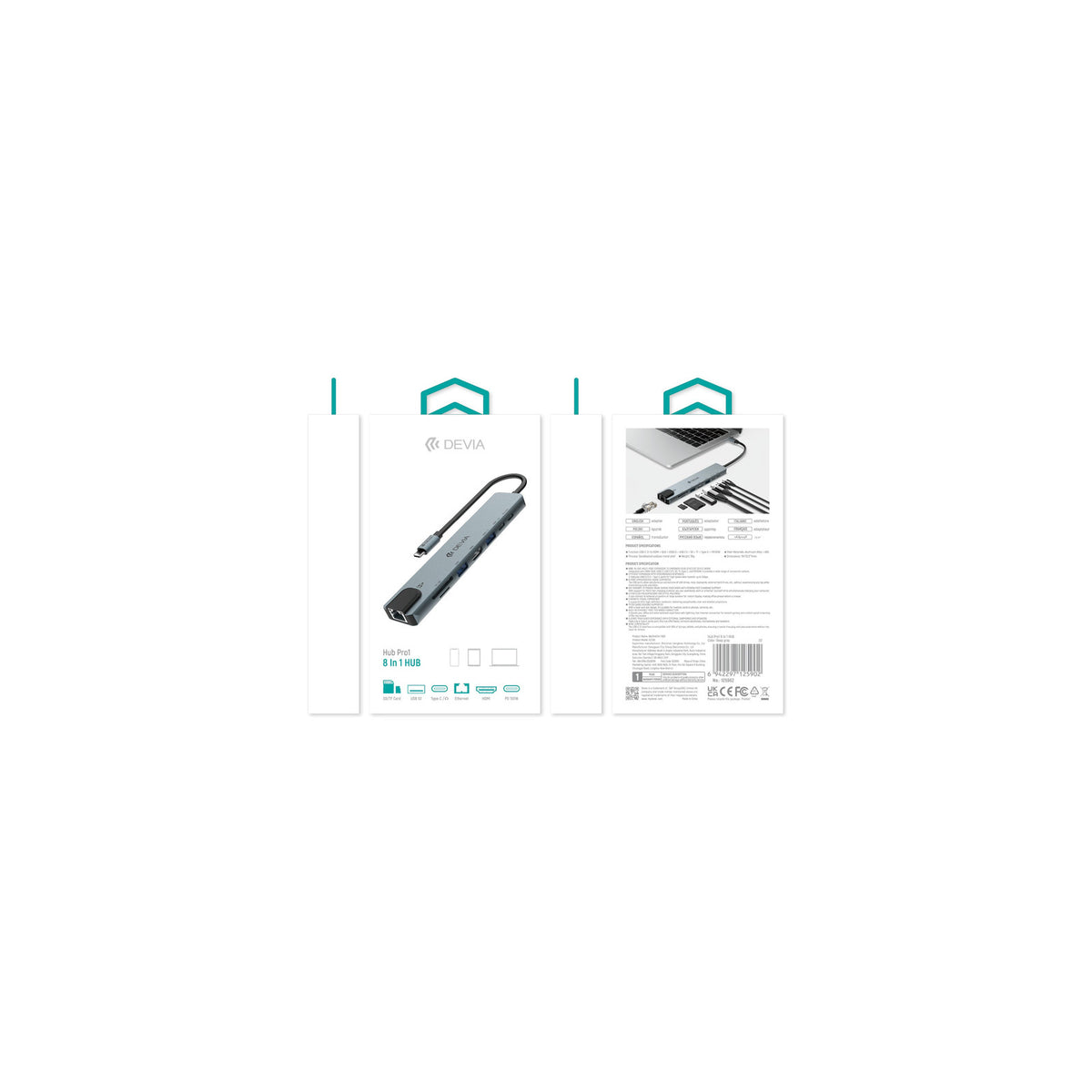 Hub USB-C 8-en-1 Devia Pro1 (HDMI 4K, RJ45, PD 100 W) – gris – vue 3