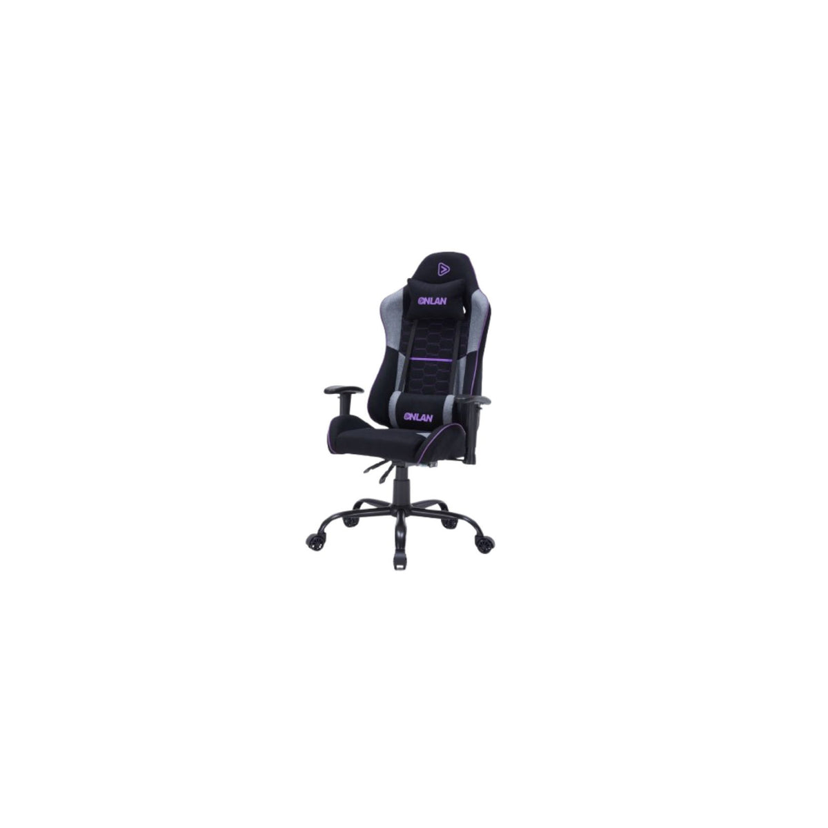 Fauteuil gaming ONLAN / Gamium Nyros (finition tissu nid d'abeille, accoudoirs réglables, vérin classe 3, coussins tête et lombaires) – noir/gris/violet – vue 2