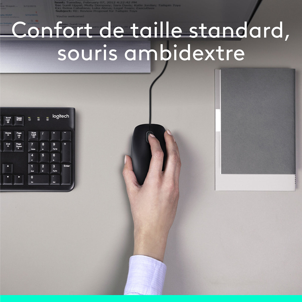 Pack clavier + souris filaires USB Logitech Desktop MK120 (AZERTY français, résistant aux éclaboussures) – noir – vue 3