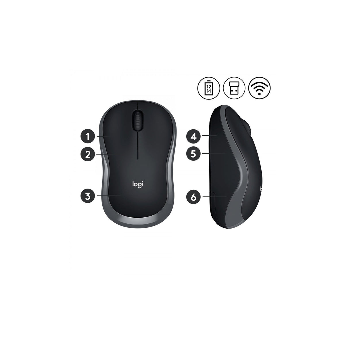 Souris sans fil Logitech M185 (910-002238), optique 1 000 dpi, récepteur USB – gris (Swift Grey) – vue 2