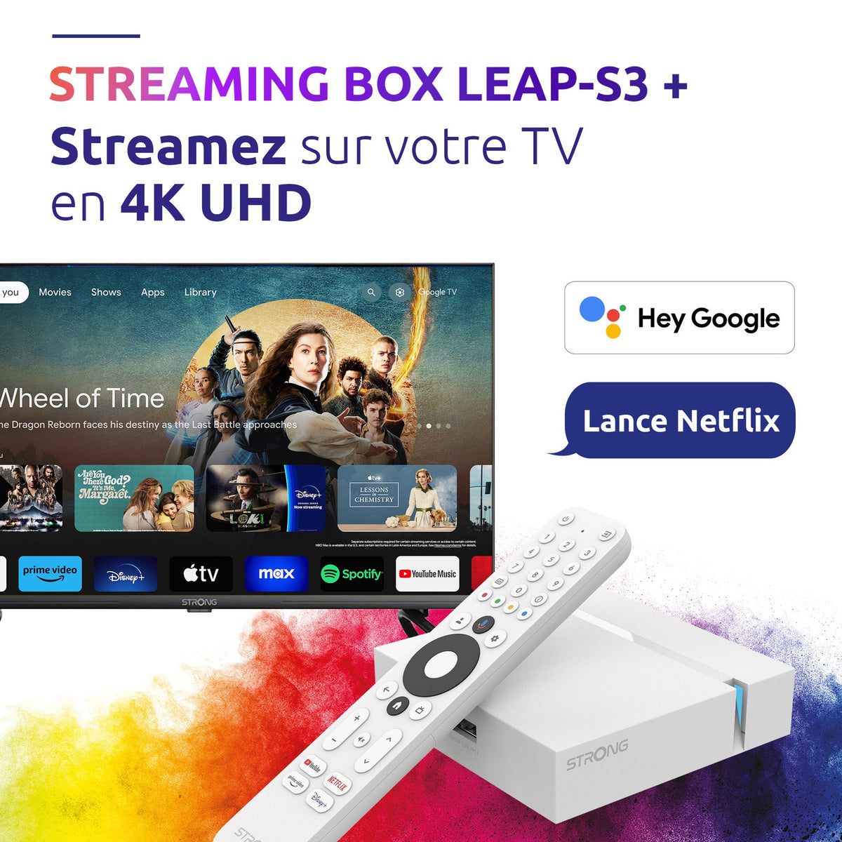 Box TV Android Google TV STRONG LEAP-S3+ v2 4K UHD (Ethernet, Wi-Fi, USB) – blanc – vue 2