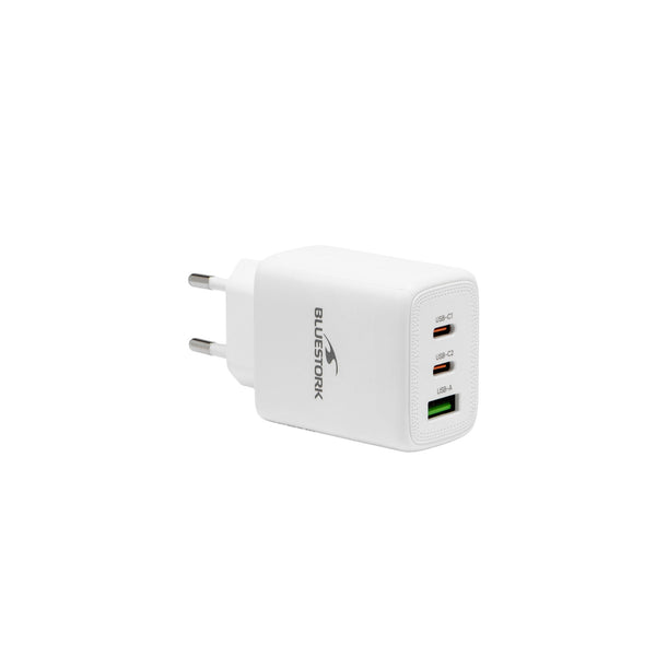 Chargeur compact GaN 65 W double USB-C / USB-A Bluestork PW-65-CCA – blanc (câble USB-C inclus) – vue 1